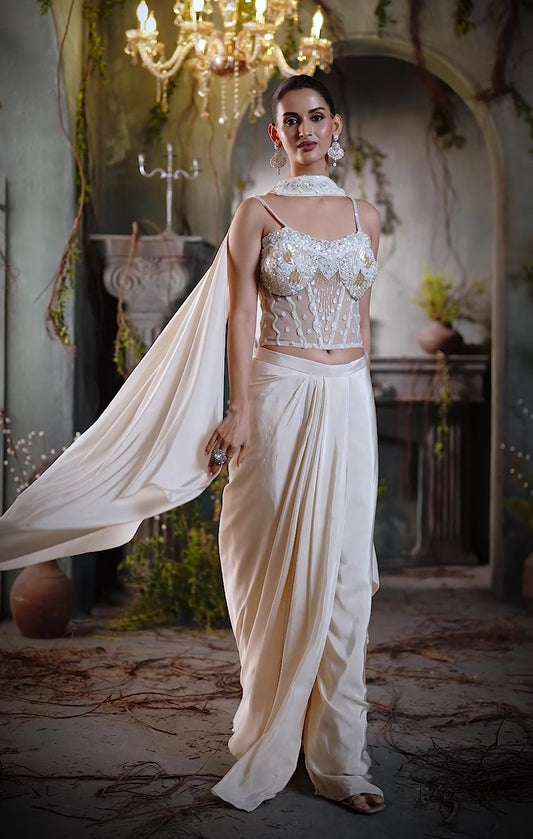 Ivory Embellished Corset Blouse with Drape Skirt Set