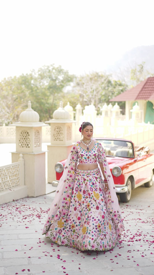 Pastel Multicolor Hand Embroidered Wedding Lehenga