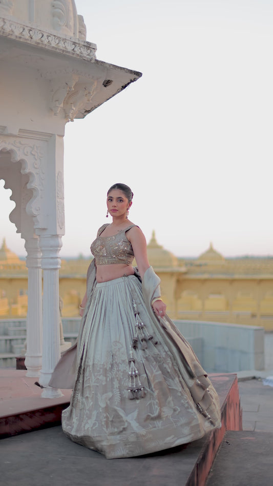 Elegant Grey Embroidered Lehenga Set with Dupatta