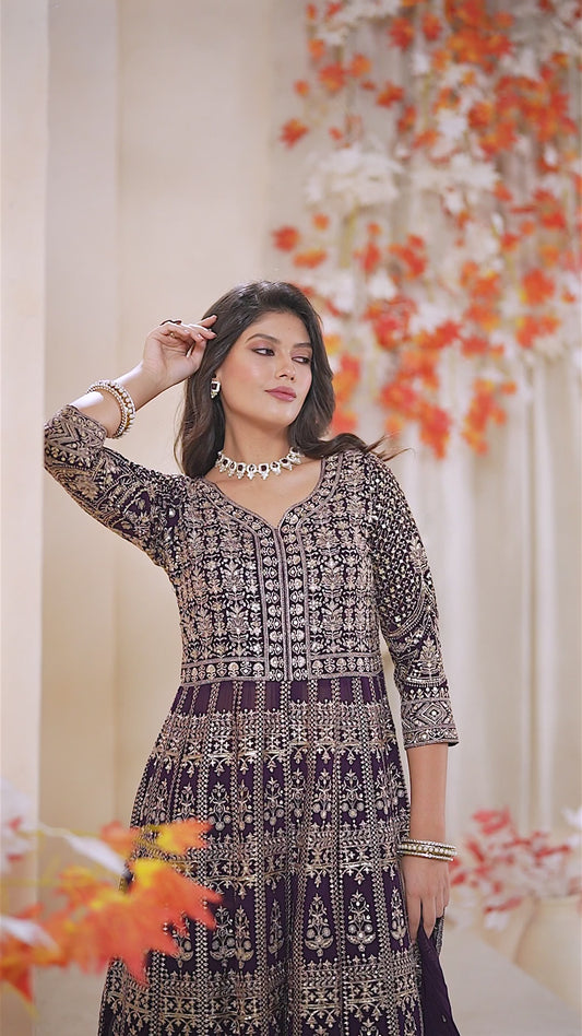 Royal Plum Embroidered Anarkali Set with Dupatta