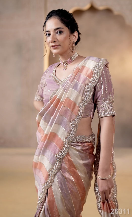 Handwoven Banarasi Tissue Saree with Pearls and Beads Embellished Scallop Border