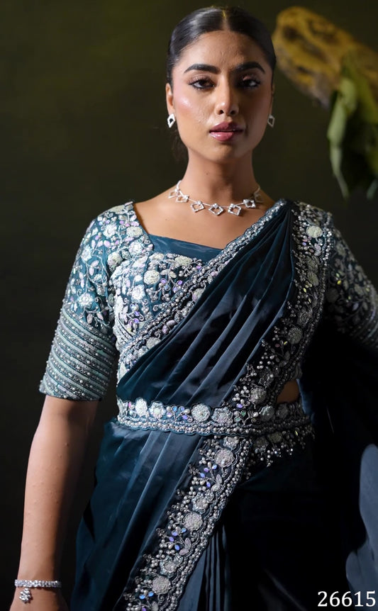 Emerald Teal One Minute Satin Silk Saree with Dual Sequence & Pearl Work